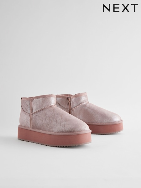 Dusky Pink Metallic Shower Repellent Suede Faux Fur Lined Platform Boots (B90427) | €17.50