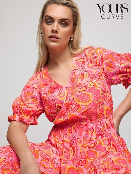 Yours Curve Pink YOURS Curve Pink Abstract Print Midi Dress (B90504) | R$ 335