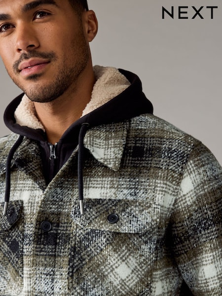 Green Check Hooded Borg Lined Shacket (B90546) | R$ 690