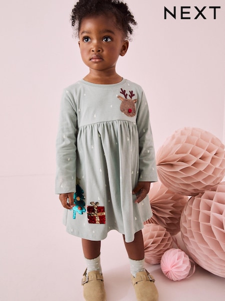 Grüne Pailletten - Long Sleeve Jersey Christmas Dress (3mths-7yrs) (B90556) | 5 € - 7 €