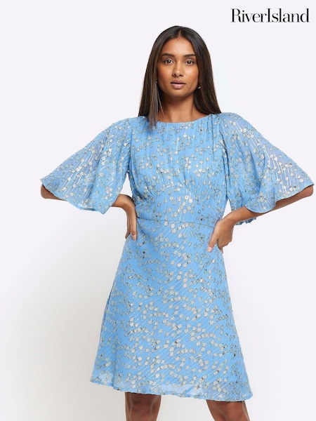 River Island Blue Glitter Tie Back Swing Mini Dress (B90850) | €42