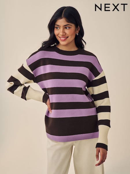 Purple Stripe Compact Cosy Crew Neck Jumper With Side Split Detail (B91002) | AED100