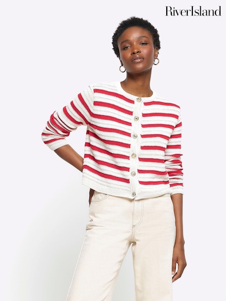 Roșu - Cardigan tricotat cu textură River Island Dungă (B91028) | 161 LEI