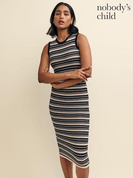 Nobody's Child Black Textured Knitted Stripe Racer Midi Dress (B91048) | €56