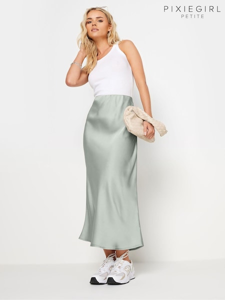 PixieGirl Petite Silver Satin Midaxi Skirt (B91083) | AED157