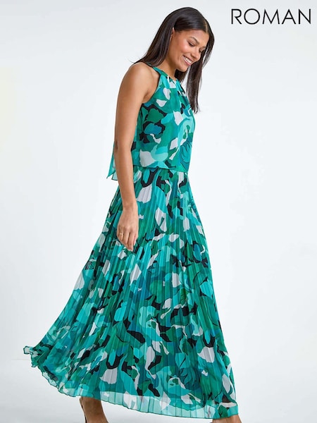 Roman Green Swirl Print Pleated Halterneck Maxi Dress (B91136) | 198 QAR