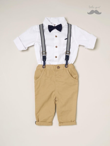 Little Gent Natural 100% Cotton Shirt Bodysuit Bowtie Loop Brace And Trousers Outfit Set (B91290) | € 22