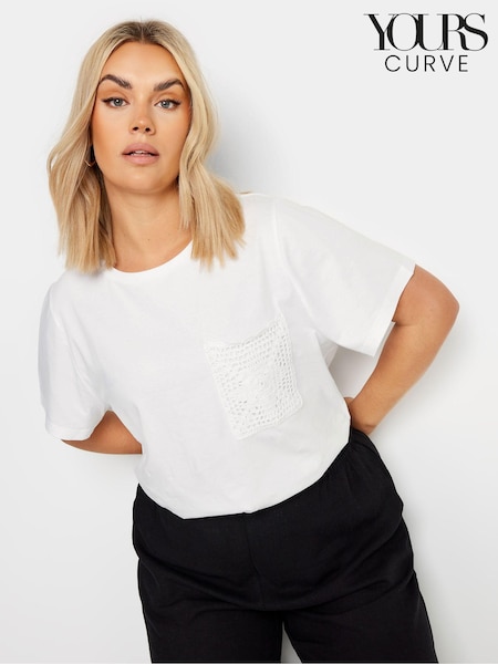 Yours Curve White 100% Cotton Crochet Pocket T-Shirt (B91408) | €24