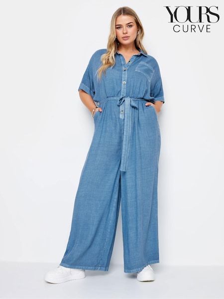 Yours Curve Limited Collection Chambray 100% Cotton Wide Leg Jumpsuit (B91472) | 51 €