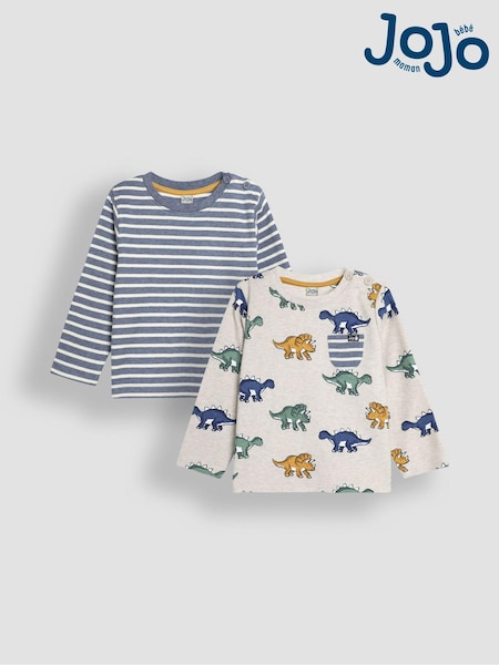Natural Dinosaur Imprimeu & Dungă - Jojo Maman Bébé Mânecă lungă 2-Set Topuri (B91541) | 164 LEI