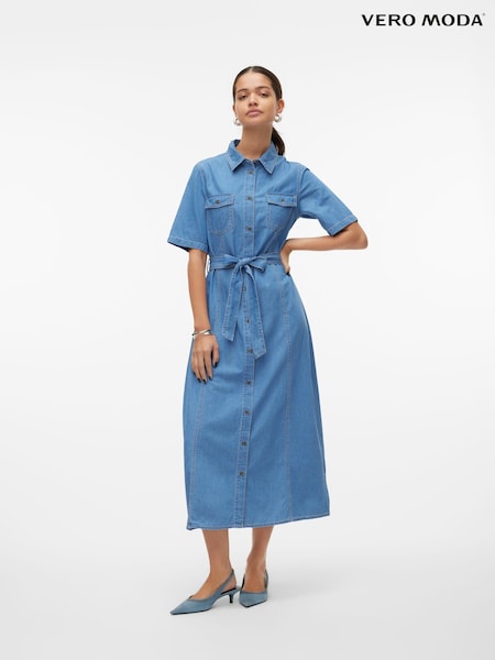 VERO MODA Blue 100% Cotton Short Sleeve Denim Midi Dress With Belt (B91567) | €32