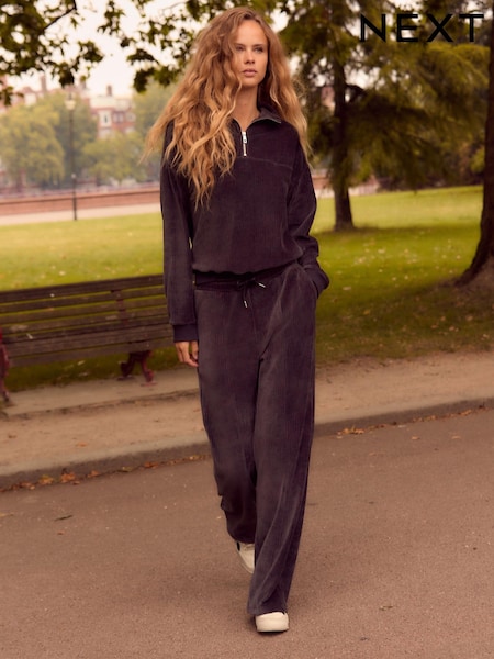 Slate Grey Velvet Soft Touch Jersey Wide Leg Co-Ord Jogger Trousers (B91626) | AED58