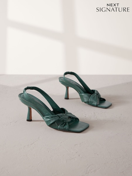 ירוק - Premium Leather Side Twist Square Toe Sandals (B91716) | ‏230‏₪