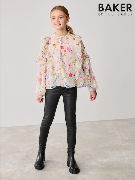 Baker by Ted Baker Pink 2 Piece Floral Blouse and PU Leggings Set (B91727) | 283 LEI - 320 LEI