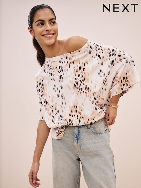 Animal Print - Relaxed Fit Boxy 100% Cotton Slouch Shoulder T-Shirt (B91738) | 6 €