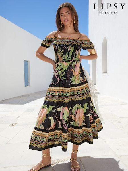 Lipsy Shirred Bardot Tiered Maxi Holiday Printed Dress (B91822) | €31