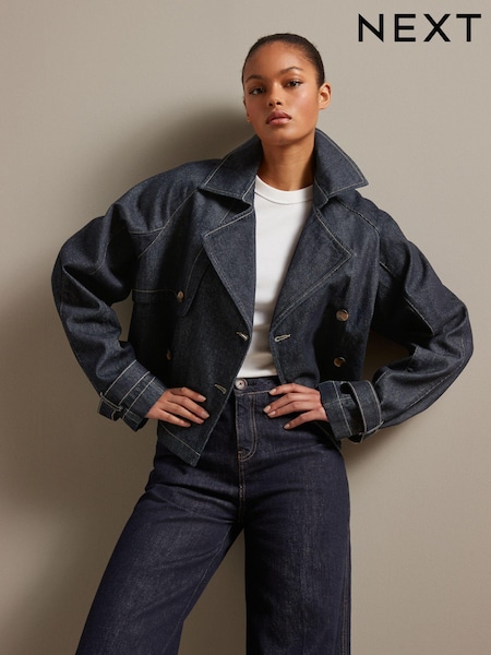 Синий - Cropped Denim Trench 100% Cotton Coat (B91868) | €32