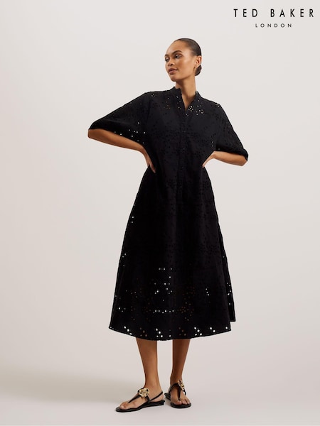 Ted Baker Black Oversized Nikaia Broderie Midi Dress (B91905) | €121
