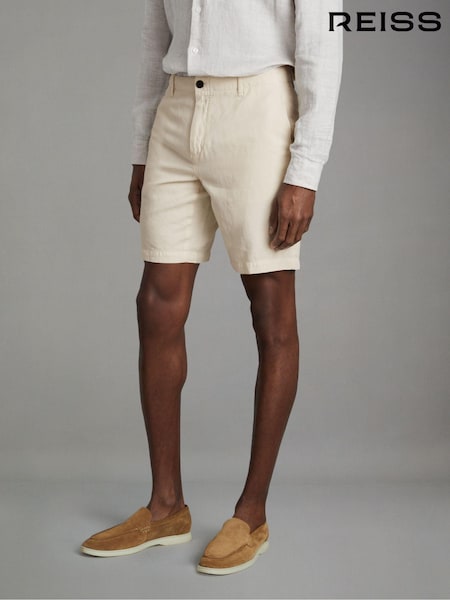 Reiss Off White Ezra Cotton Linen Blend Internal Drawstring Shorts (B91944) | AED706
