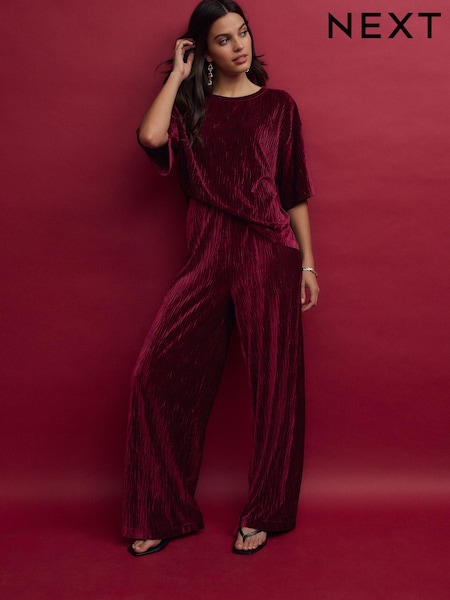 Berry Burgundy Red Velvet Plisse Wide Leg Trousers (B91972) | €28
