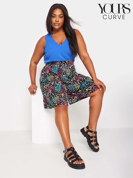 Yours Curve Black Rainbow Ditsy Floral Print Jersey Shorts (B92018) | €13