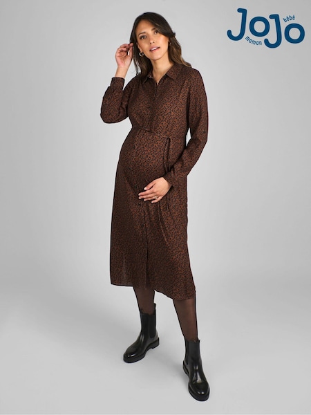 JoJo Maman Bébé Rust Orange Animal Print Maternity Midi Shirt Dress (B92031) | €79