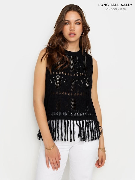 Long Tall Sally Black Crochet Tassle Vest (B92060) | $47