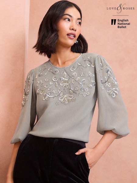 Love & Roses Embellished 3/4 Sleeve Blouse (B92061) | 225 LEI