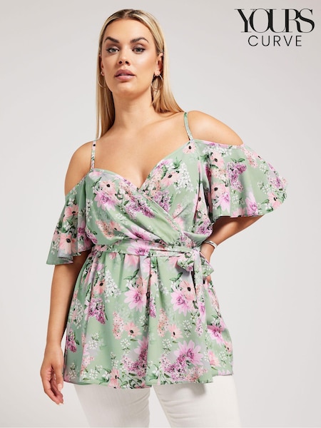 Зеленый - Yours Curve YOURS LONDON Curve Navy Blue Floral Print Cold Shoulder Top (B92072) | €56