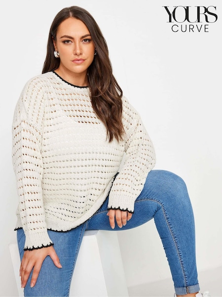 Yours Curve Cream Tipped Edge Crochet Jumper (B92119) | €41