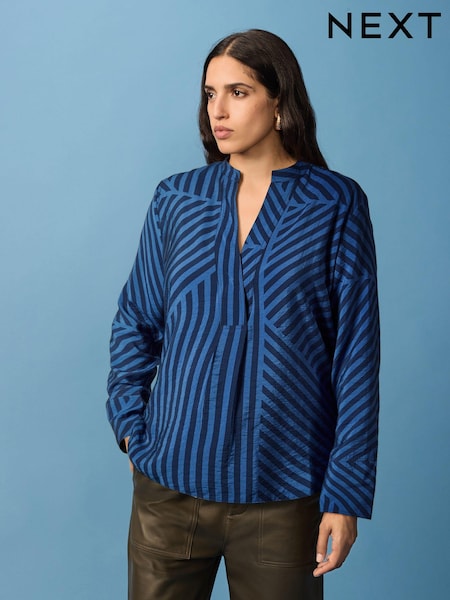 Navy Spliced Stripe - Long Sleeve Textured Overhead V-neck Blouse (B92125) | ‏87‏₪