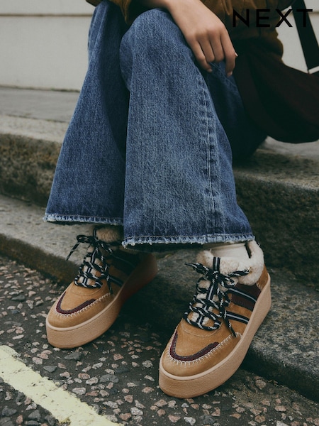 Tan Brown Forever Comfort® Leather Borg Chunky Wedge Lace-Up Trainers (B92277) | R$ 505