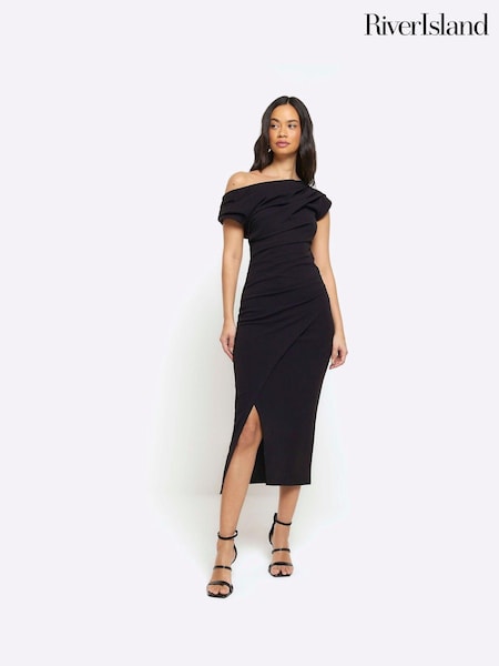 River Island Black Drape Asym Wrap Midi Dress (B92353) | €31