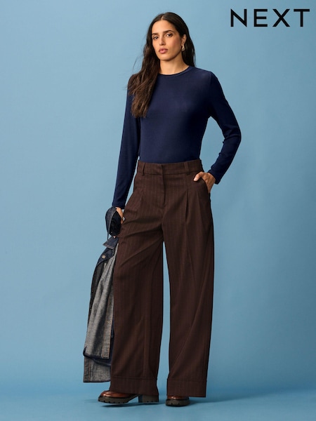 Burgundy Red Warm Handle Pinstripe Wide Leg Trousers (B92383) | €11