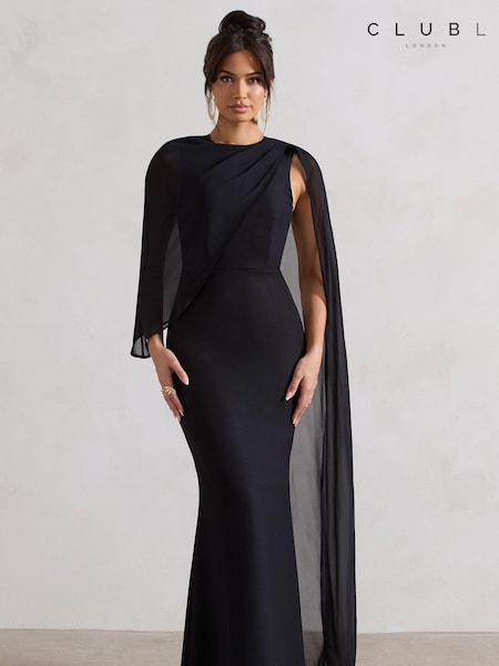 Club L London Black Haze High-Neck Maxi Dress With Chiffon Cape (B92510) | € 93