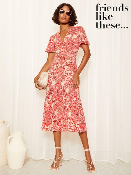 Friends Like These Red Button Through Puff Sleeve Midi Dress (B92592) | €34