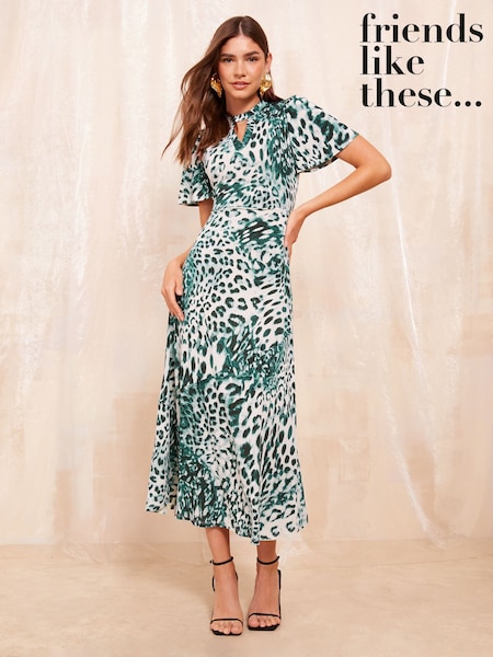 Friends Like These Green Animal Print ITY Keyhole Flutter Shortss Sleeve Printed Midi Dress (B92606) | €20.50