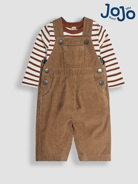 JoJo Maman Bébé Stone 2-Piece Classic Cord Dungarees & Stripe Top Set (B92618) | €50