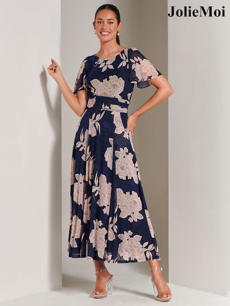 Jolie Moi Blue Paityn Angel Sleeve Mesh Maxi Dress (B92826) | ₪427