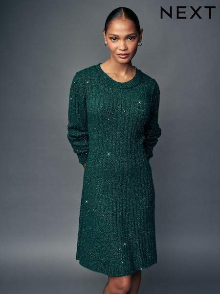 Blue Teal Sequin Sparkle Ribbed Fit And Flare Mini Knitted Jumper Dress With Wool (B92847) | 119 QAR