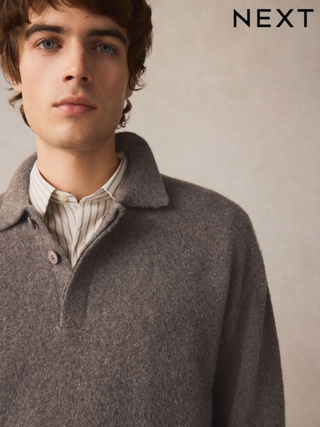 Brown/Grey Relaxed Fit Long Sleeve Knit Rugby Shirt with Wool (B92873) | €14