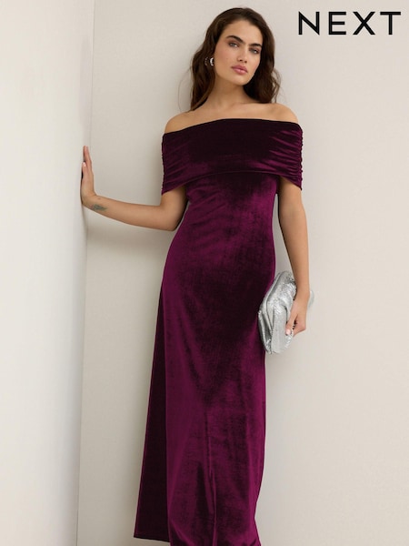 Burgandy Red Bardot Velvet Maxi Dress (B92928) | €80