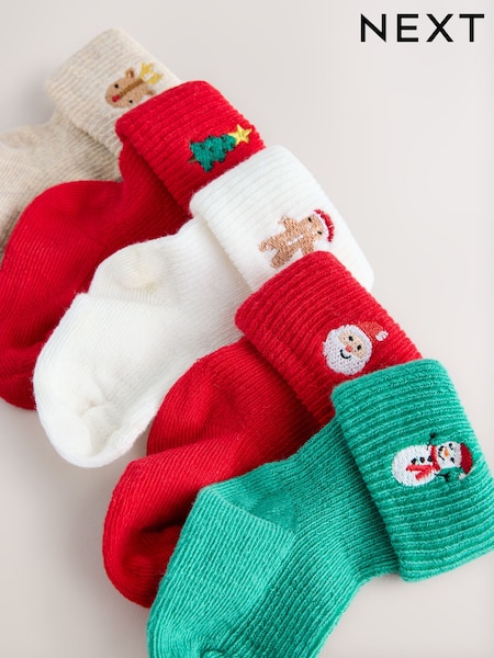 Red/Green Embroidererd - Komplet 5 parov božičnih nogavic z zavihanim robom za dojenčke