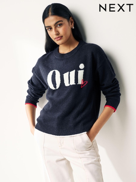Navy Blue Oui Slogan Round Neck Jumper (B93034) | AED27