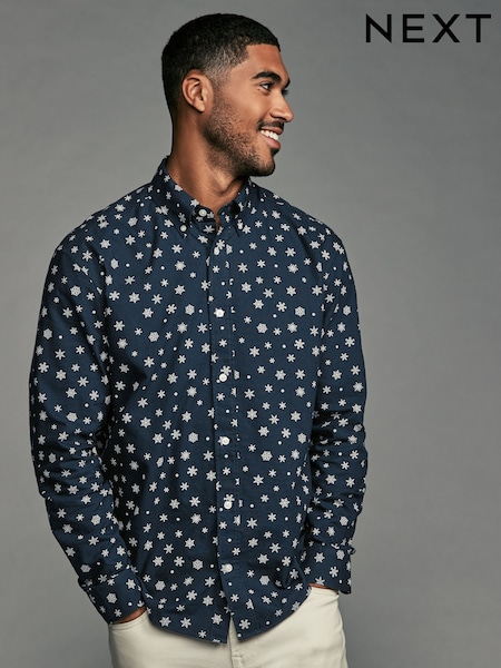Navy Blue Snow Long Sleeve Christmas Print 100% Cotton Oxford Shirt (B93037) | AED70