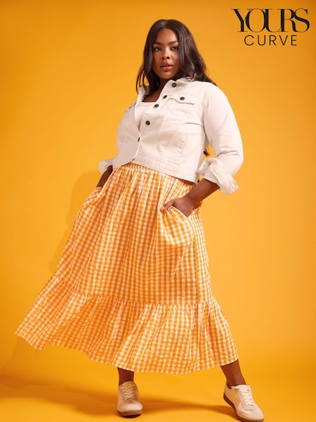 Yours Curve Orange Gingham Tiered Pure 100% Cotton Midi Skirt (B93213) | €20