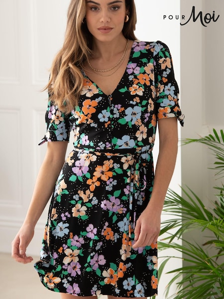 Musta Kukallinen  - Pour Moi Bella Fuller Bust Slinky Stretch Tie Sleeve Mini Dress (B93268) | €71