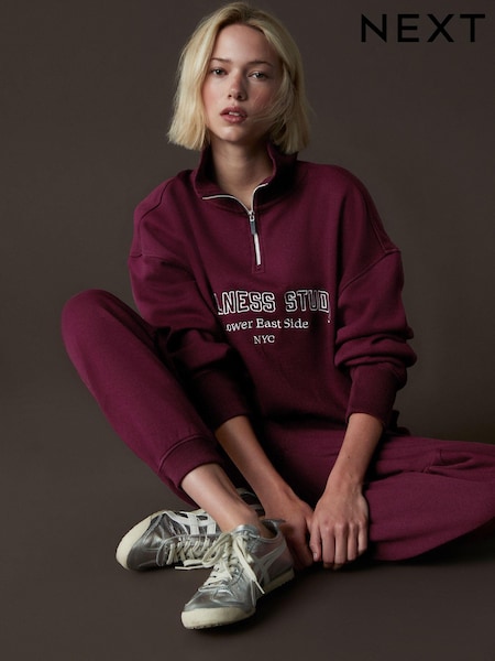 Burgundy Red Relaxed Fit Quarter Zip Wellness Slogan Graphic Sweatshirt (B93299) | AED143