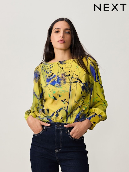 Yellow/Blue Print Long Sleeve Gathered Sides Blouse (B93341) | AED105