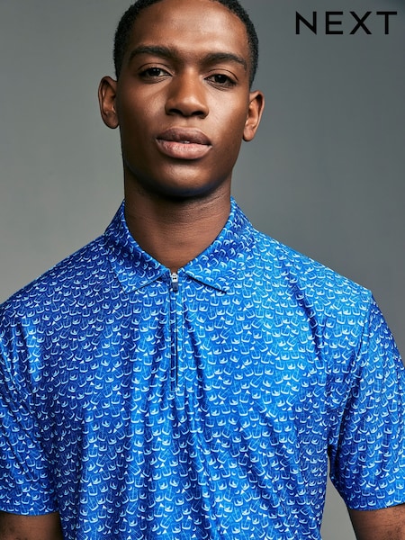 Cobalt Blue/White Active Print Golf Polo Shirt (B93392) | 124 QAR